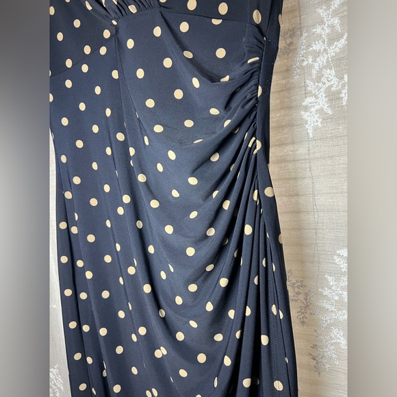 Lauren Ralph Lauren Polka Dot Midi Dress Ruched Wrap Style Navy Size 12 - Picture 5 of 11